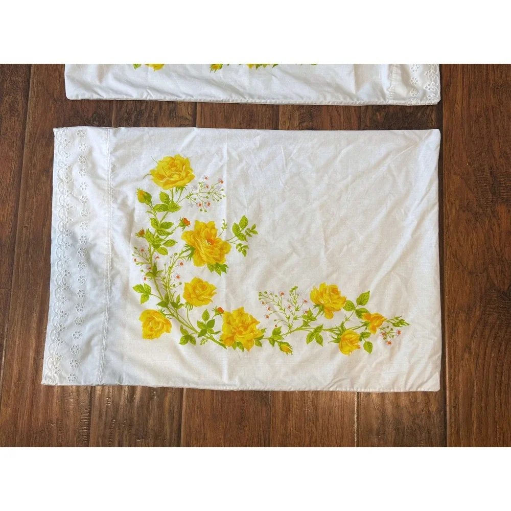 Vintage Martex Yellow Rose Floral Pillowcase Set Eyelet Trim White Percale USA